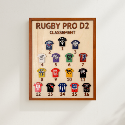 Handmade wooden magnetic board for tracking PRO D2 season standings with team jerseys.