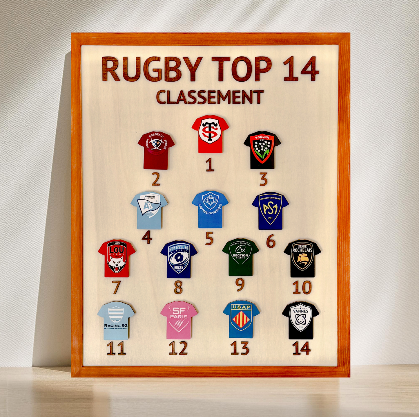 Tableau magnétique en bois du Top 14 avec maillots aimantés des équipes de rugby.