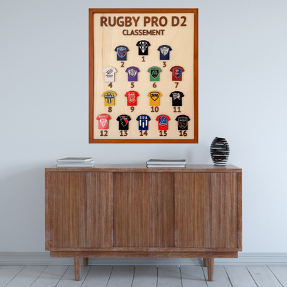 Cadeau rugby artisanal tableau bois magnétique PRO D2