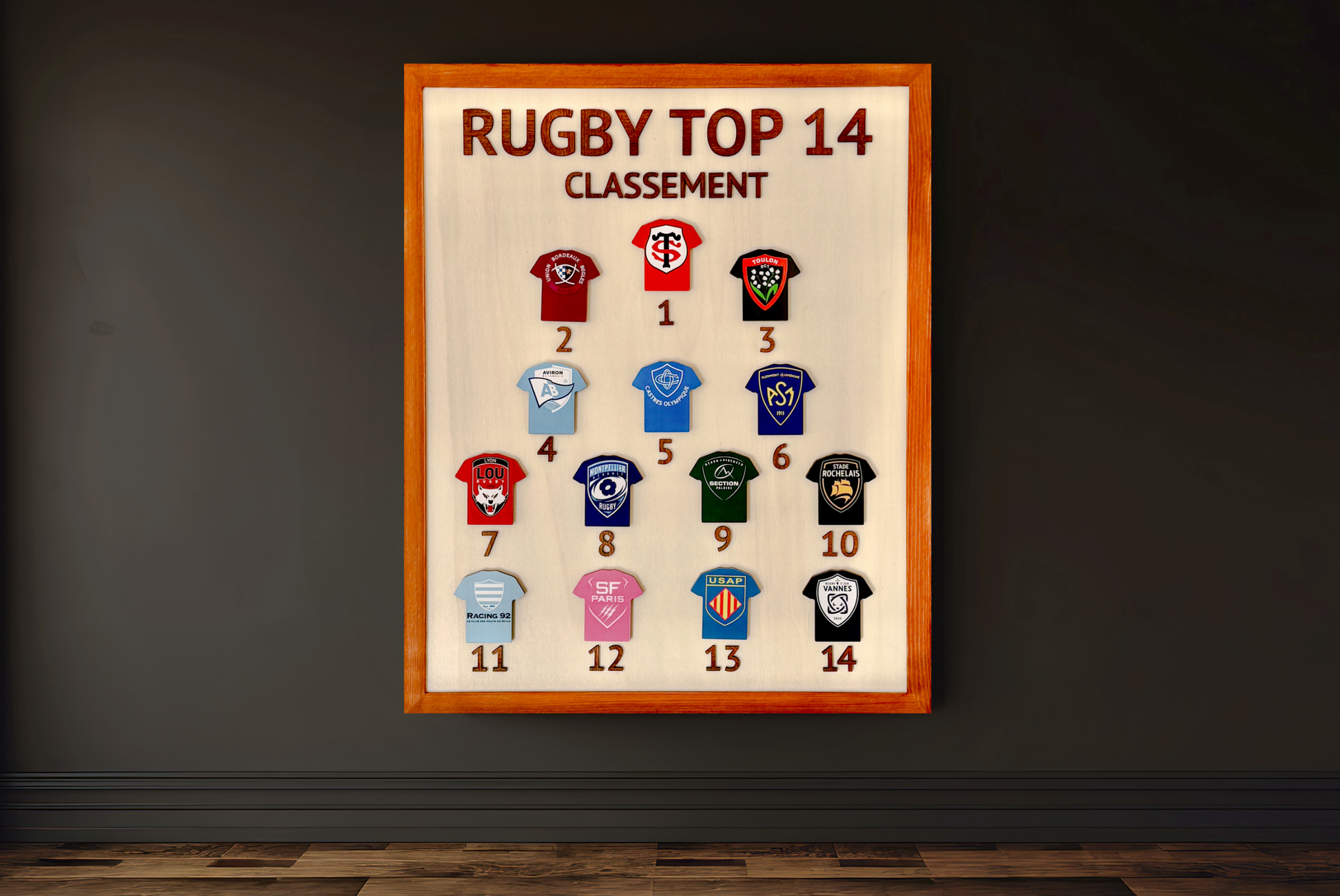 Cadeau rugby artisanal tableau bois magnétique Top 14