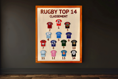 Cadeau rugby artisanal tableau bois magnétique Top 14